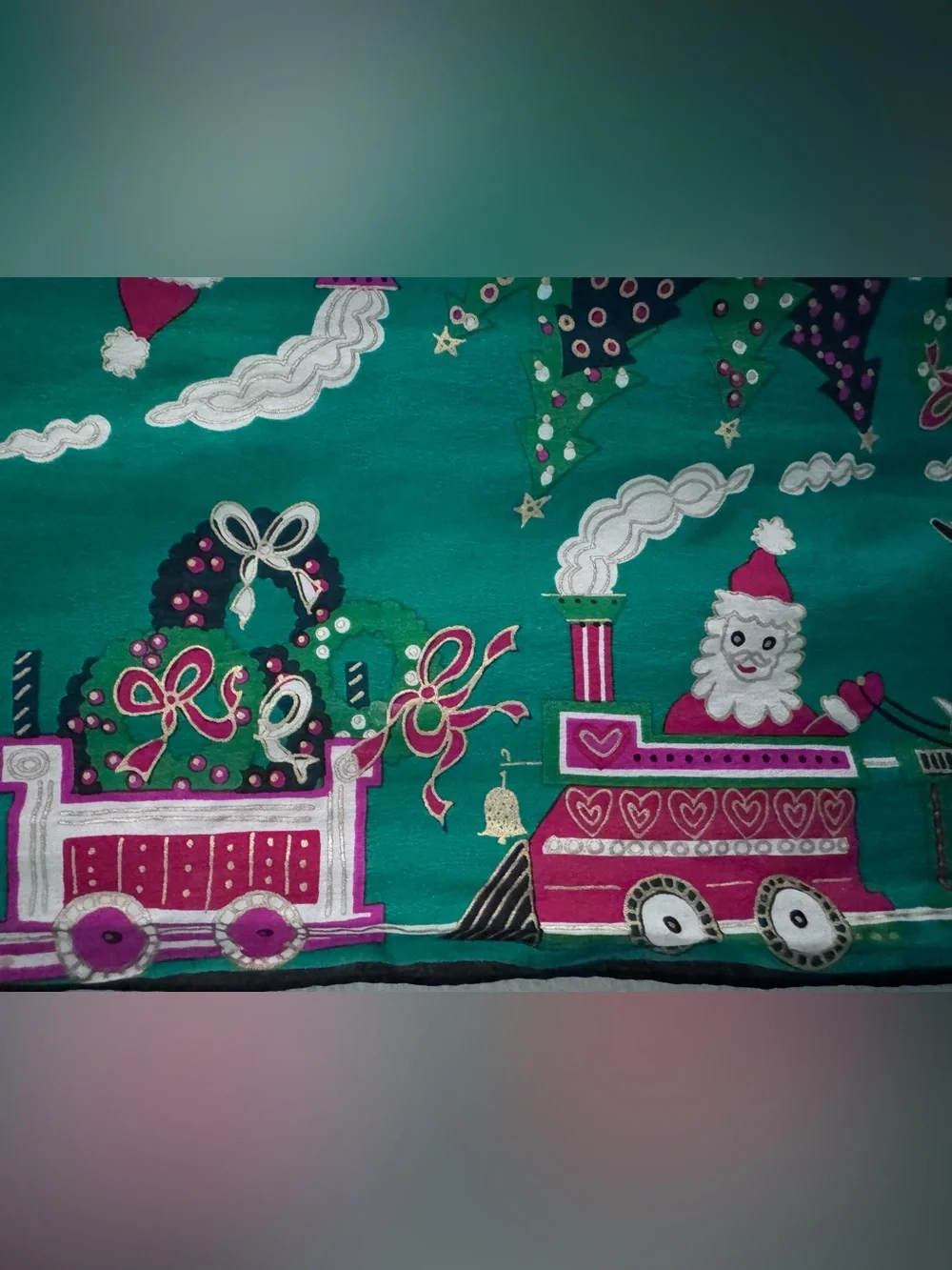 Vintage 1960s Vera Red and Green Holiday Train 100% Silk Scarf